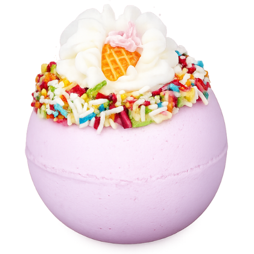 White bath bomb with colorful toppings on a white background
