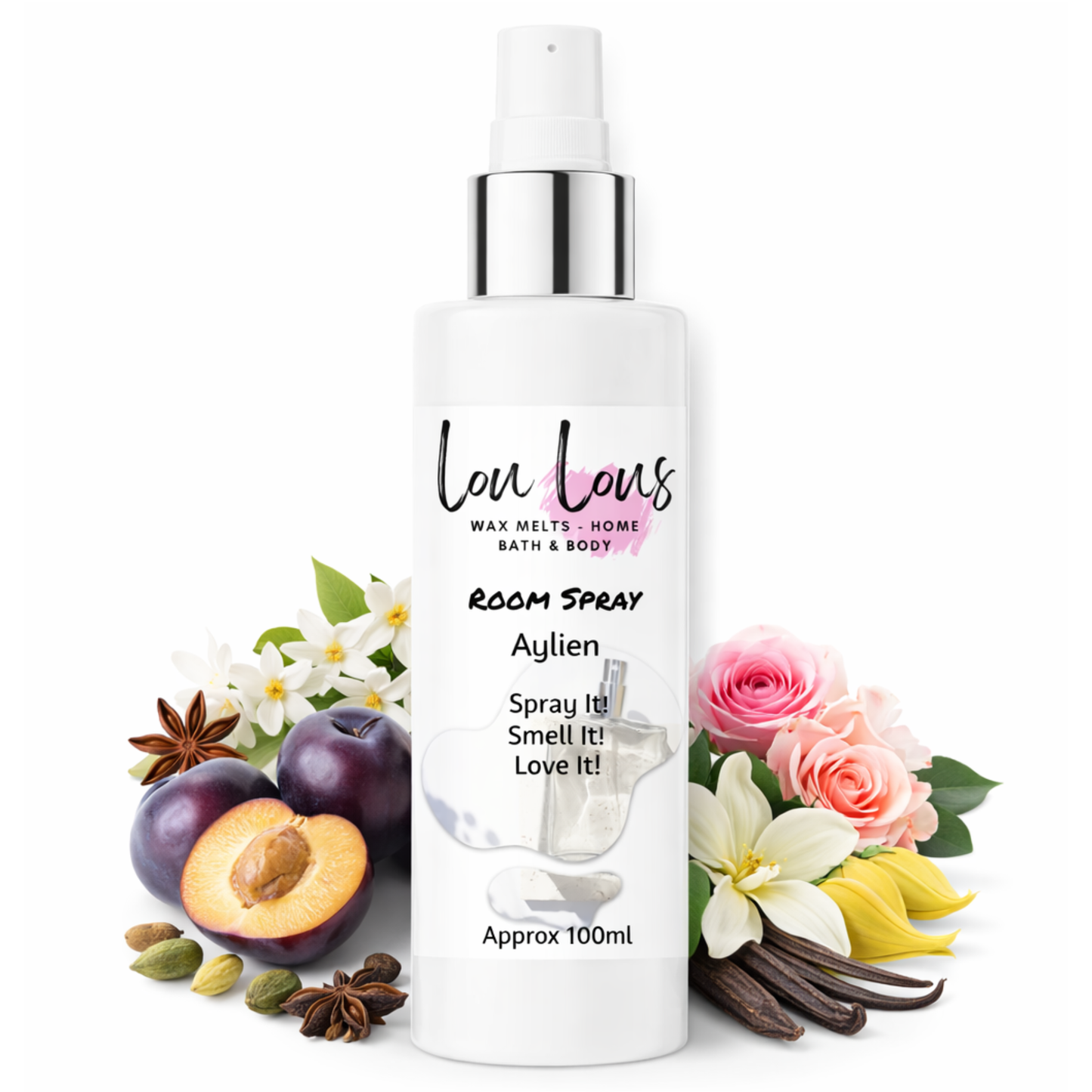 Aylien Room Spray 100ml by Lou Lous with plum, neroli, cardamom, jasmine and musk fragrance notes on white background