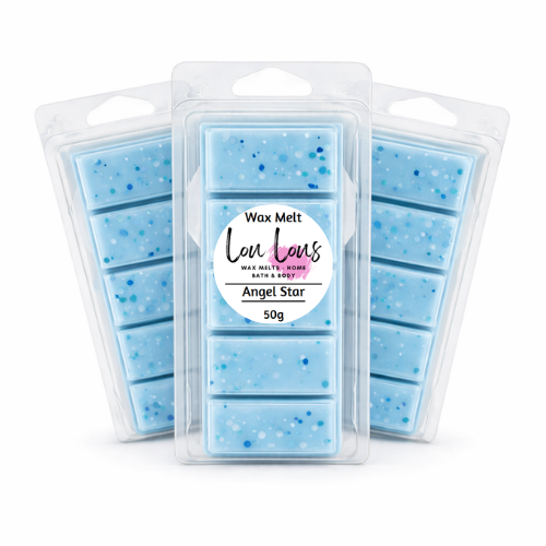 Blue wax melts with 'Lou lous' branding on a white background
