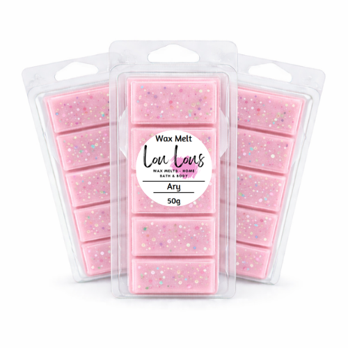 Pink wax melts in packaging with 'Lou lous' branding on a white background
