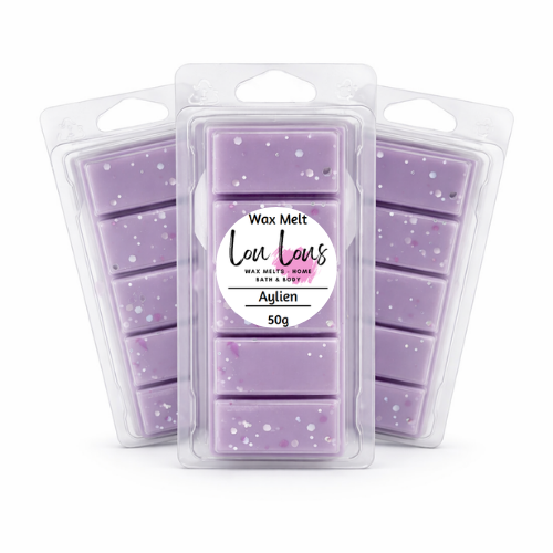 Three packages of purple wax melts with a visible brand label on a white background
