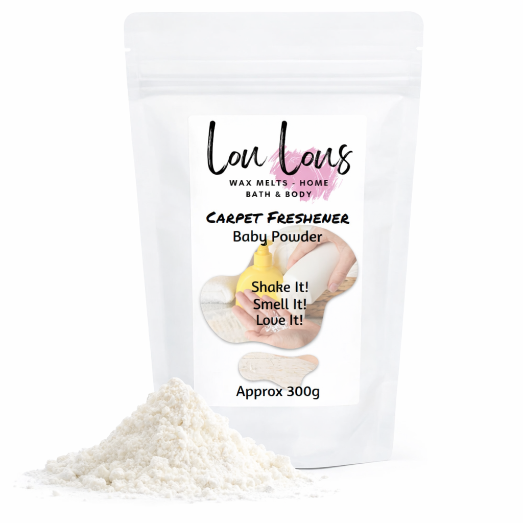 Lou Lou's carpet freshener baby powder packaging with product displayed on a white background