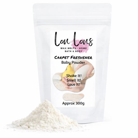 Lou Lou's carpet freshener baby powder packaging with product displayed on a white background
