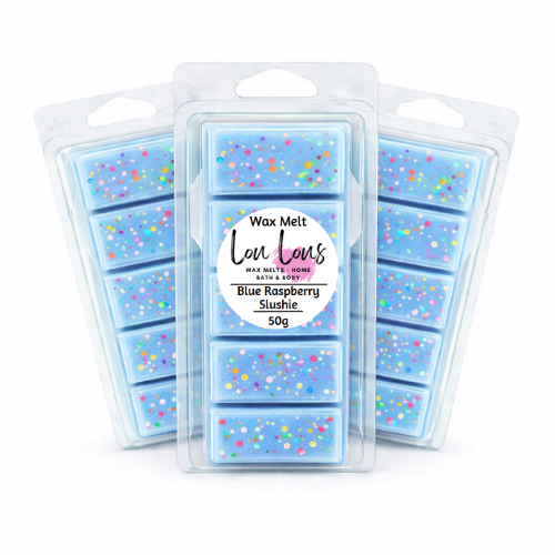 Wax melt packages with blue and glitter design, featuring a visible brand label.
