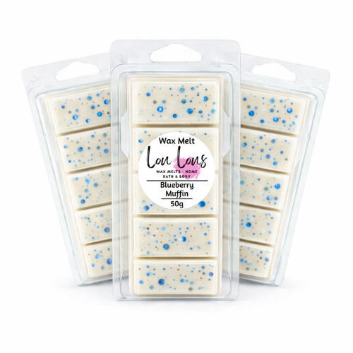 Wax melt packages with blue specks in clear packaging on a white background