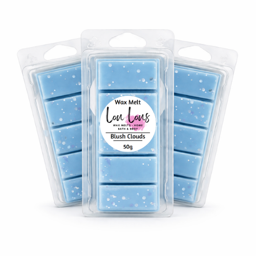 Wax melts labeled 'Blush Clouds' with a visible brand logo on a white background.