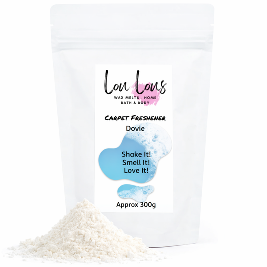 Carpet freshener packaging with product visible on a white background