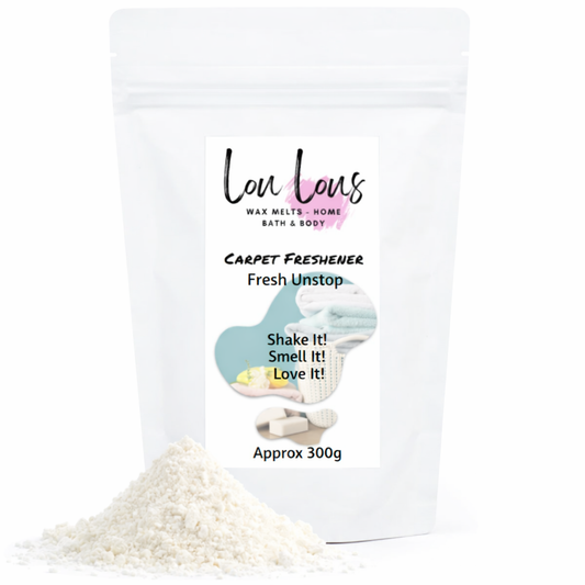 Carpet freshener packaging with product and branding details on a white background