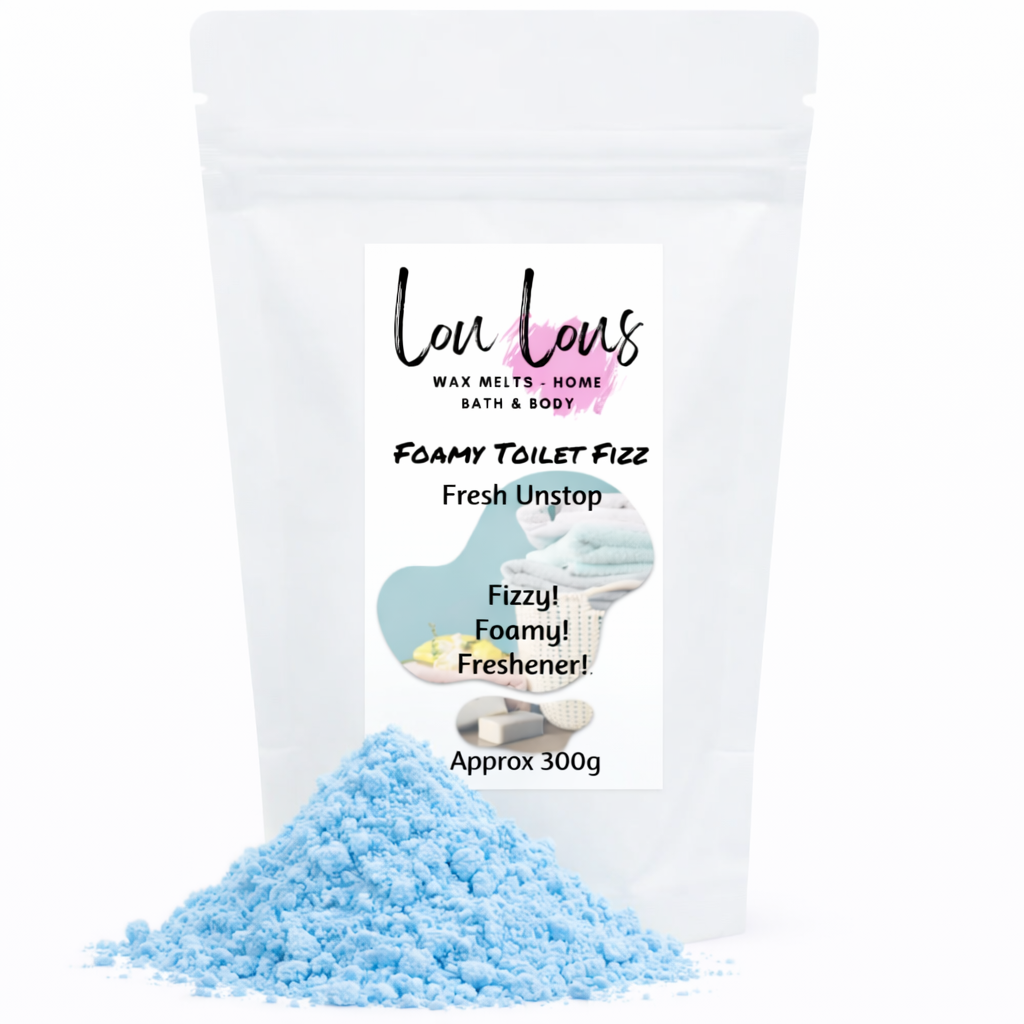 Blue powder with a white container labeled 'Lou Lou's' on a white background
