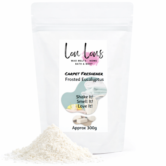 Carpet freshener packaging with product and branding details on a white background