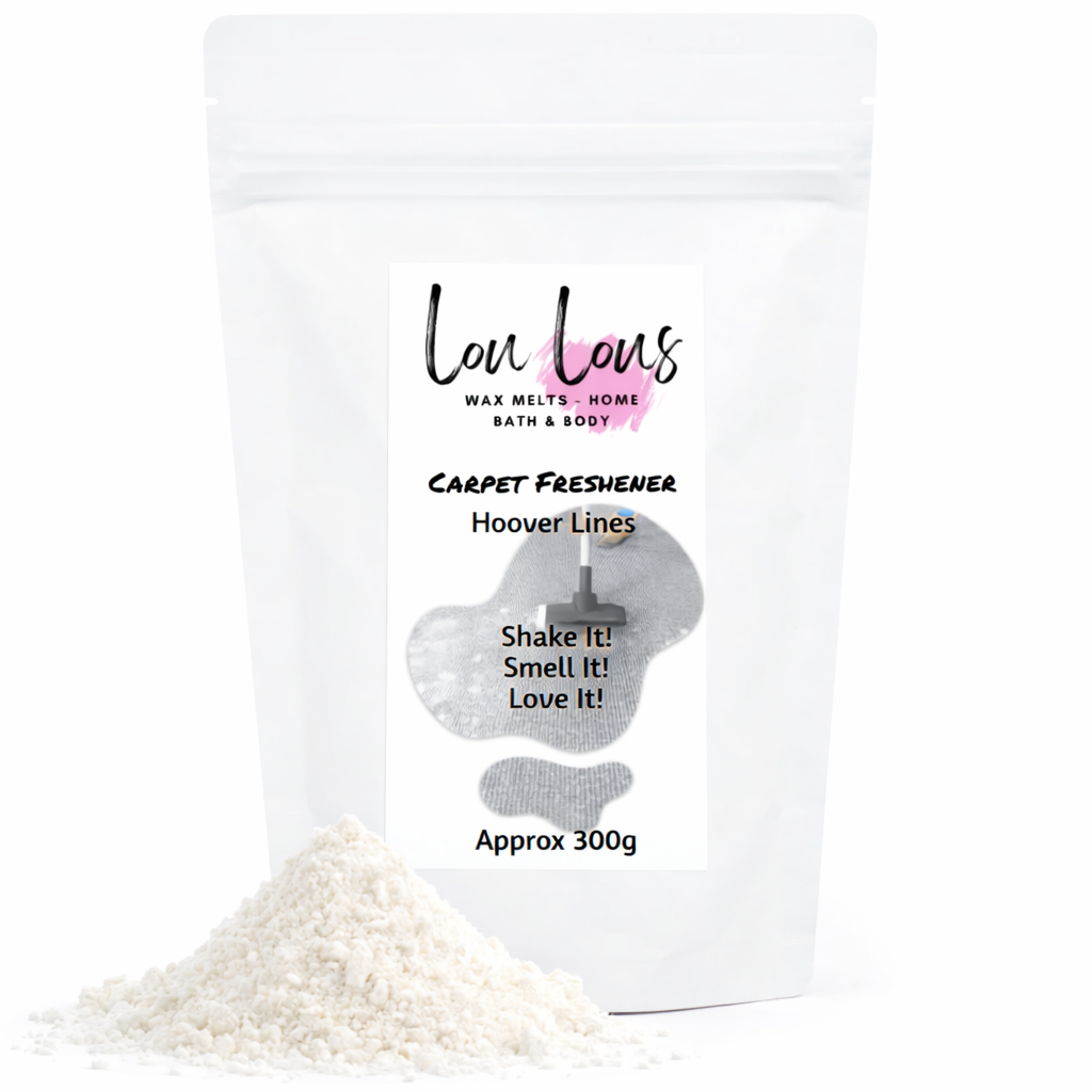 Carpet freshener packaging with white powder on a white background