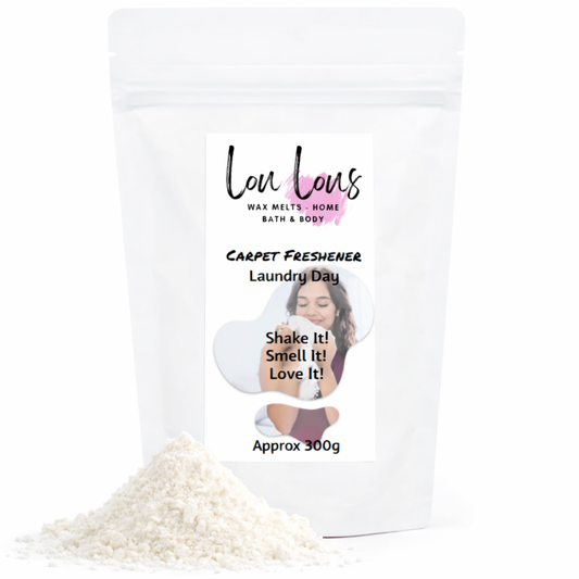 Carpet freshener packaging with text and a woman's face on a white background