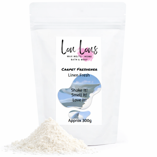 Carpet freshener packaging with product on a white background