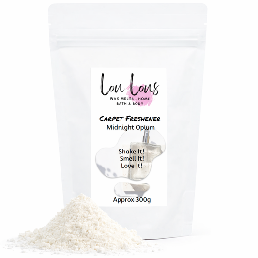 Carpet freshener packaging with product and brand name on a white background