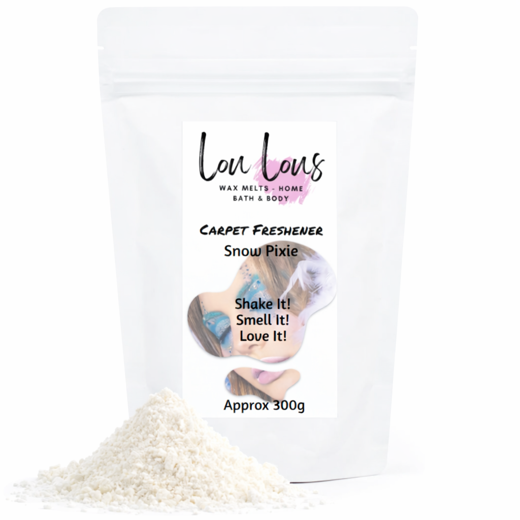 Carpet freshener packaging with product and branding details on a white background