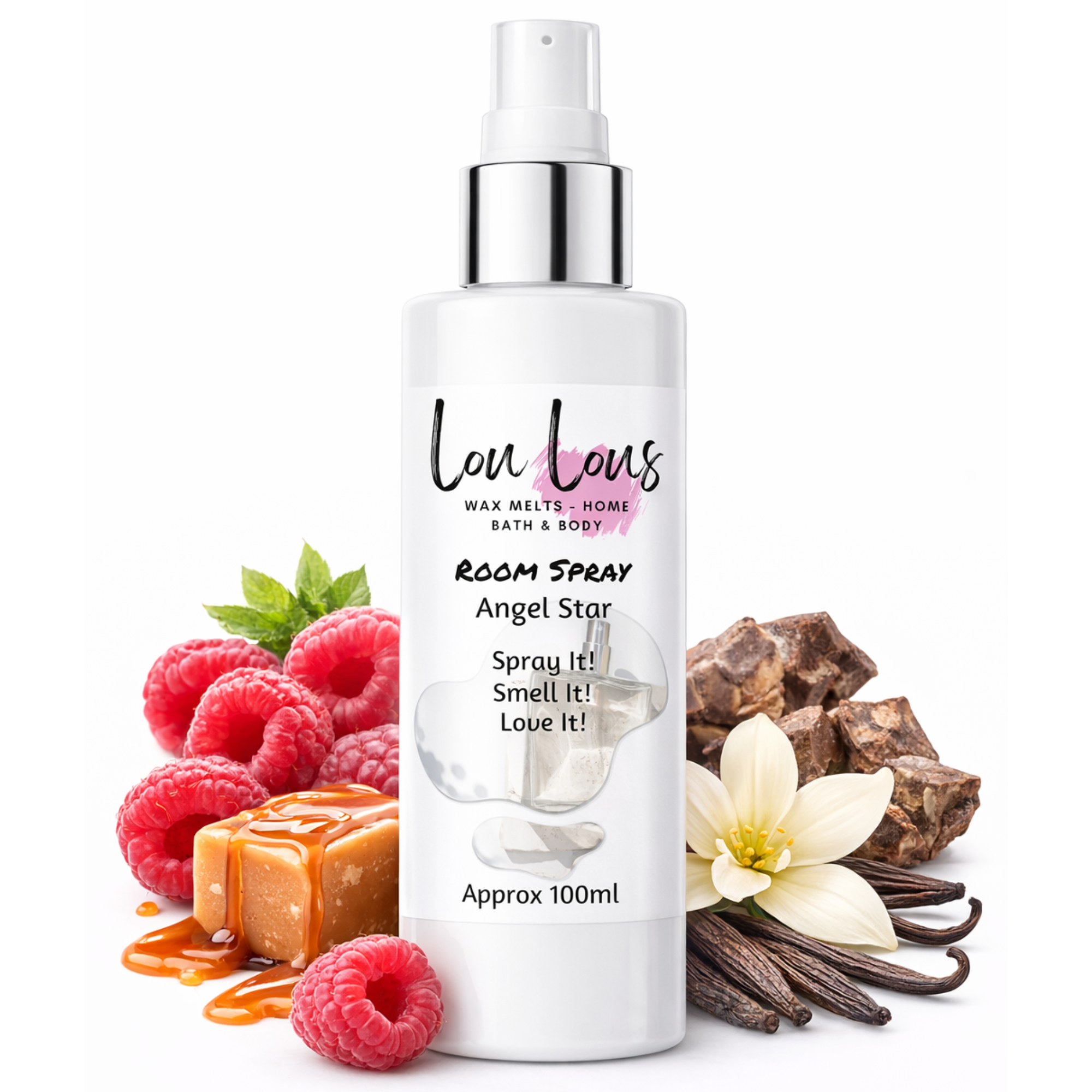 Angel Star Room Spray 100ml by Lou Lous with raspberry, caramel, vanilla and oud fragrance notes on white background