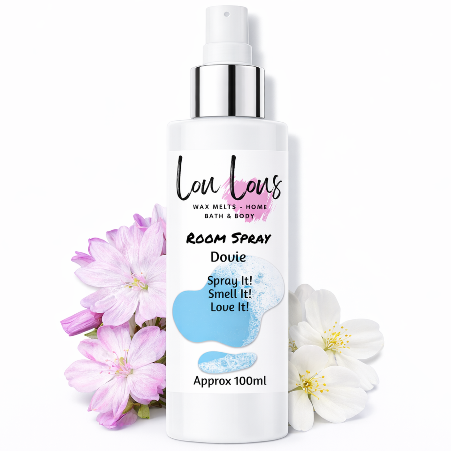 Dovie Room Spray 100ml by Lou Lous with soft floral notes and fresh blossom on white background